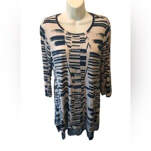 LOGO by Lori Goldstein Printed Top with Lace Hem Blue White Size S Casual